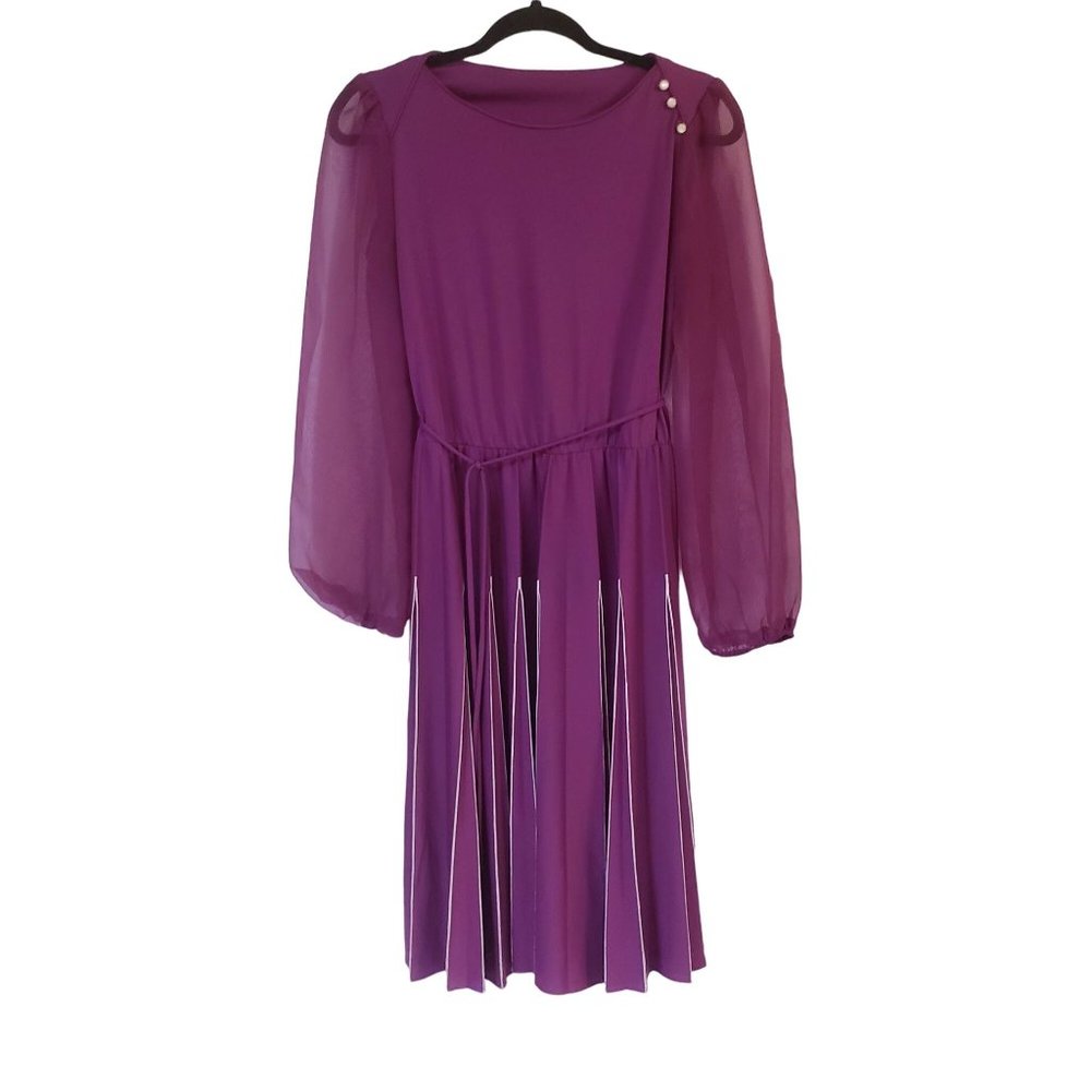 vintage 1970's dress size‎ Medium balloon sleeves sheer purple pleated white 523